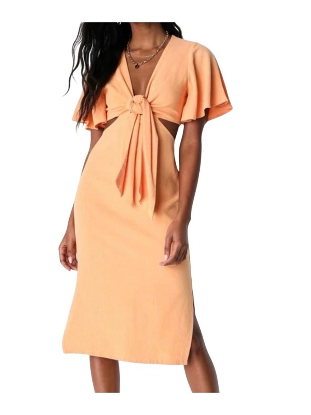 Lulus Perfect Day for Love Peach Tie Front Cut Out Linen Midi Dress Sz MED